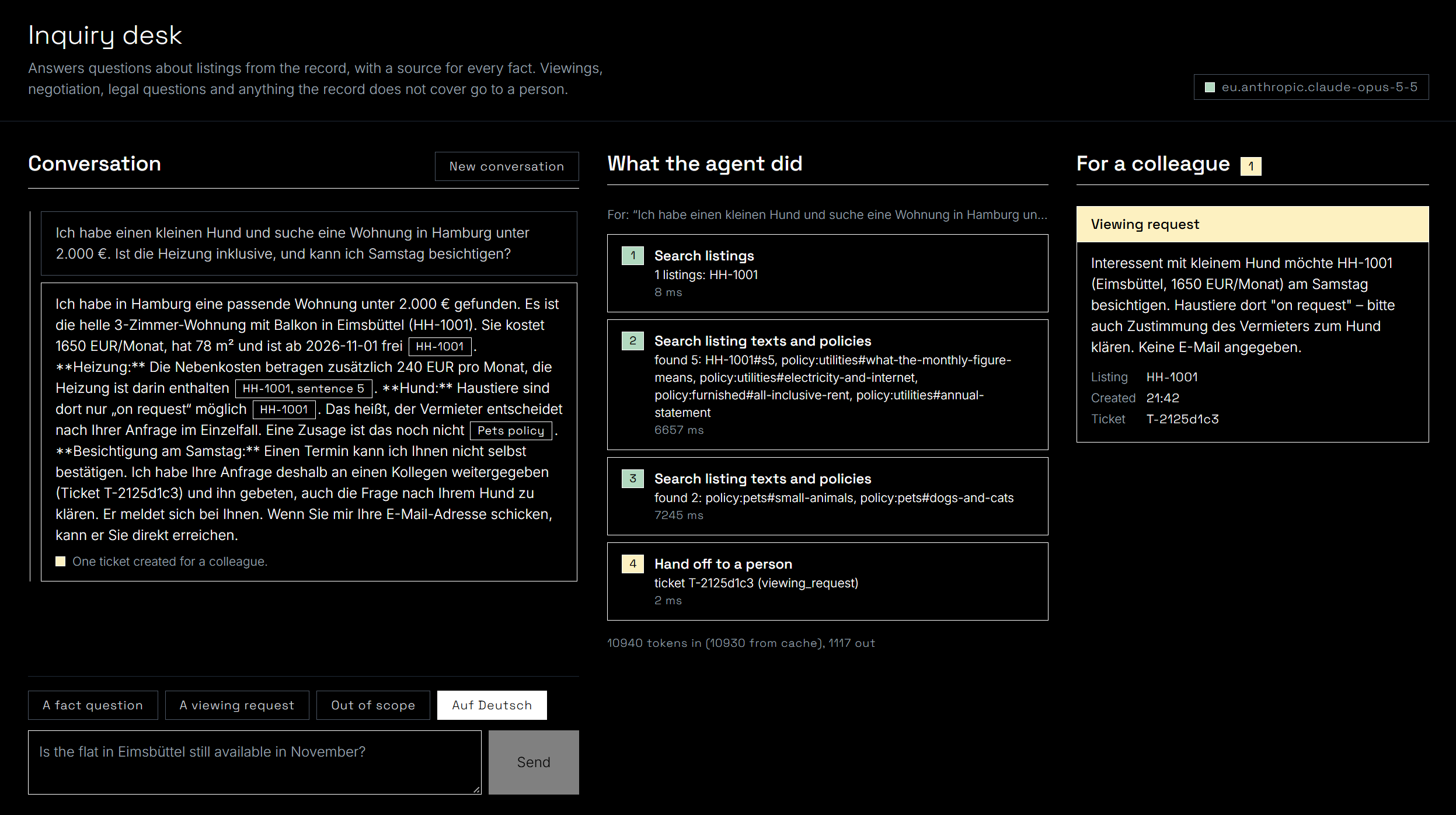 The inquiry desk after the German viewing example: the conversation with a cited reply on the left, four tool calls in the middle, and one viewing request ticket for a colleague on the right